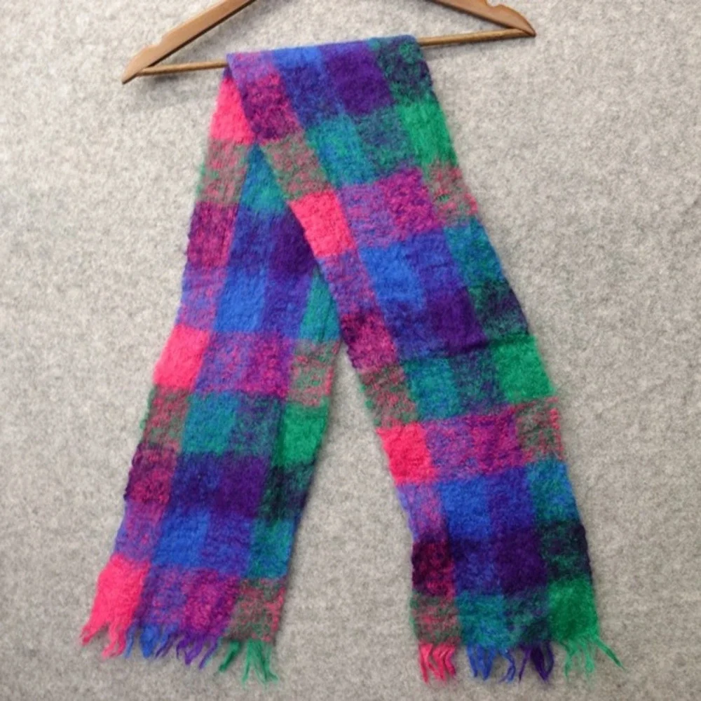 Vintage Mohair Block Plaid Scarf‎ Pink Blue Green Retro Fringe Fuzzy Light 7x52